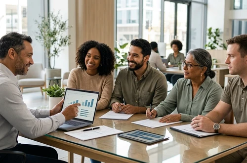 DriveWise lending specialist reviewing a car loan application with a client in a bright modern office